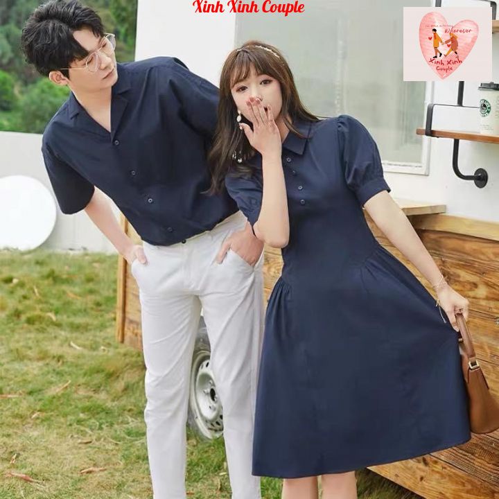 Set đồ đôi áo sơ mi nam đầm nữ couple, trẻ trung thời trang hàn quốc