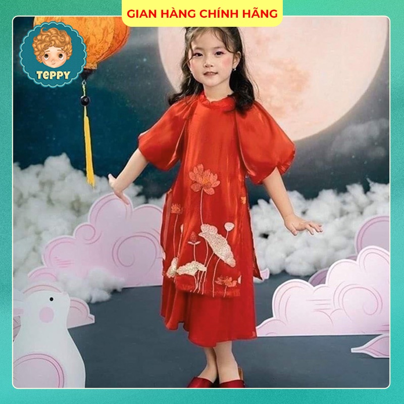Set áo dài thêu hoa tay phồng màu đỏ cam, vàng cho bé (áo dài kèm chân váy)
