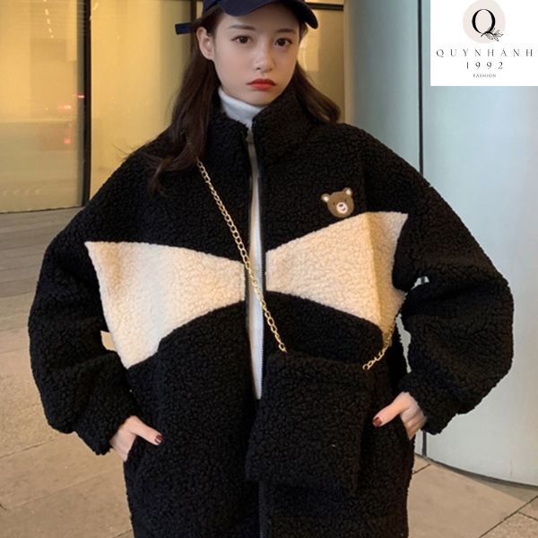 Áo khoác lông cổ cao LOGO gấu kèm túi, Áo lông nam nữ From rộng màu Đen Trắng Ullzang áo cặp đôi hotren 2022