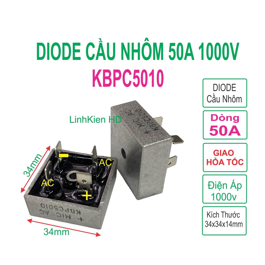 Diode Cầu Nhôm KBPC5010 50A 1000V diot cầu chỉnh lưu 4 chân LinhKien HD