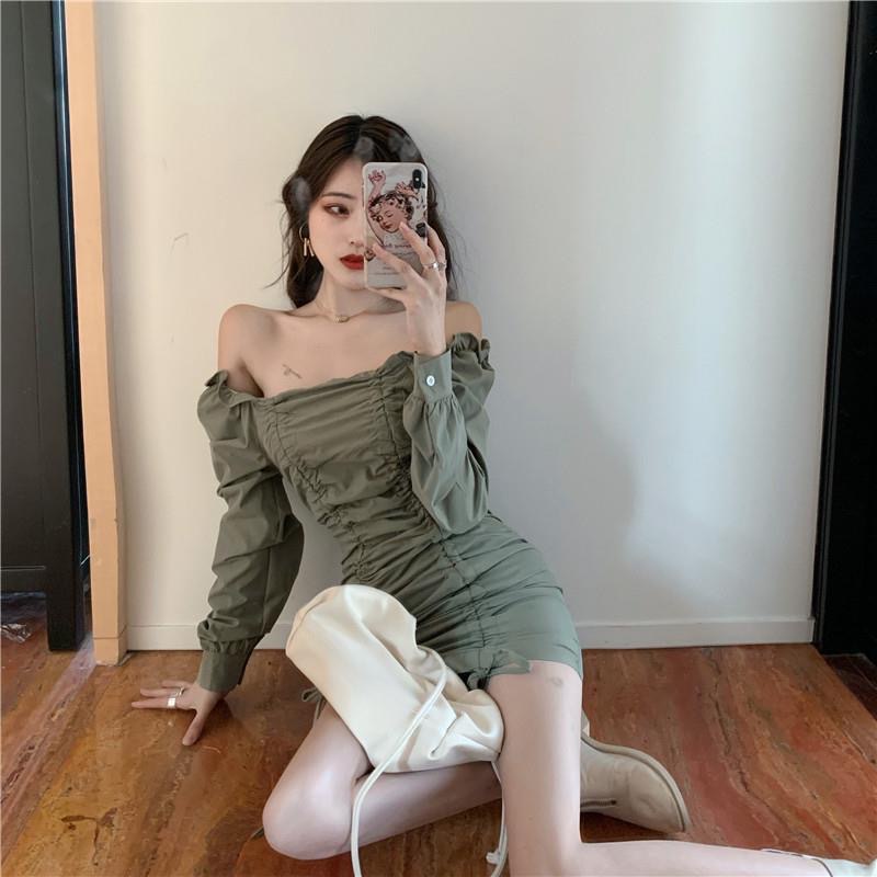 IELGYĐầm Ôm Dáng Hở Vai Xếp Ly Quyến Rũ Thời Trang Phong Cách Hàn Quốc Cho Nữ