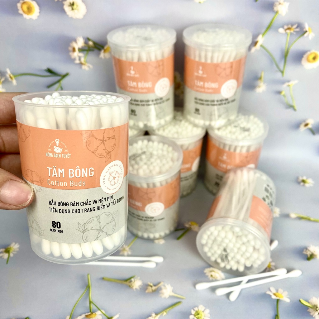 Tăm Bông 80 QUE/ HỘP TRÒN COTTON BUDS đầu tăm lớn có nắp BÔNG BẠCH TUYẾT