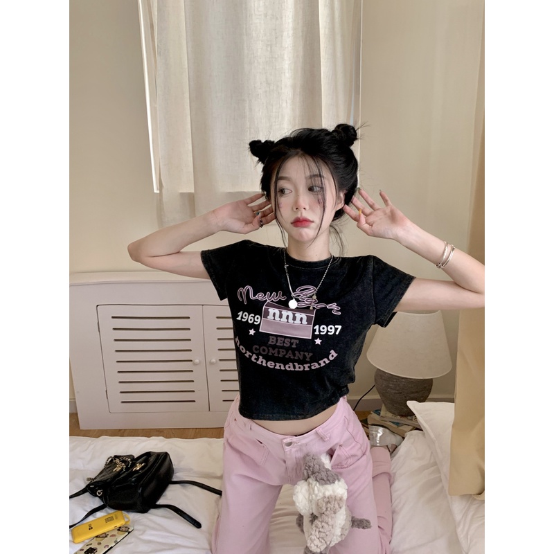 Cocory vn Áo Thun Nữ Ngắn Tay Cổ Tròn In Hình Thời Trang