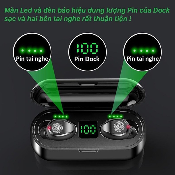 Tai nghe Bluetooth TWS F9 5.0 cảm ứng có thể tăng giảm âm lượng cao cấp màu đen