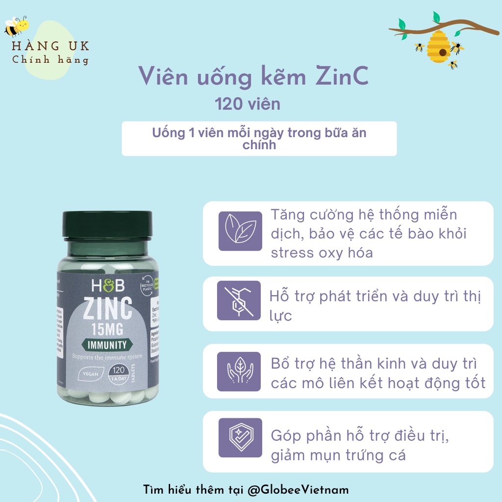 Viên kẽm giảm mụn, tăng cường miễn dịch Holland and Barrett ZinC 15mg with - 120v