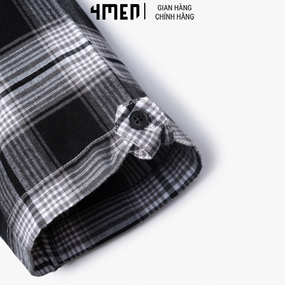 Áo Sơ Mi Nam Tay Ngắn Flannel Regular đắp nhọn 4MEN SM124 caro cổ đứng thanh lịch, vải mềm mại thấm mồ hôi, thoáng mát