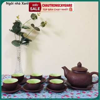 Bộ ấm chén Bát Tràng gốm sứ đất nung, hoa văn vẽ tay thủ công khắc ở ấm trà, hàng cao cấp loại 1