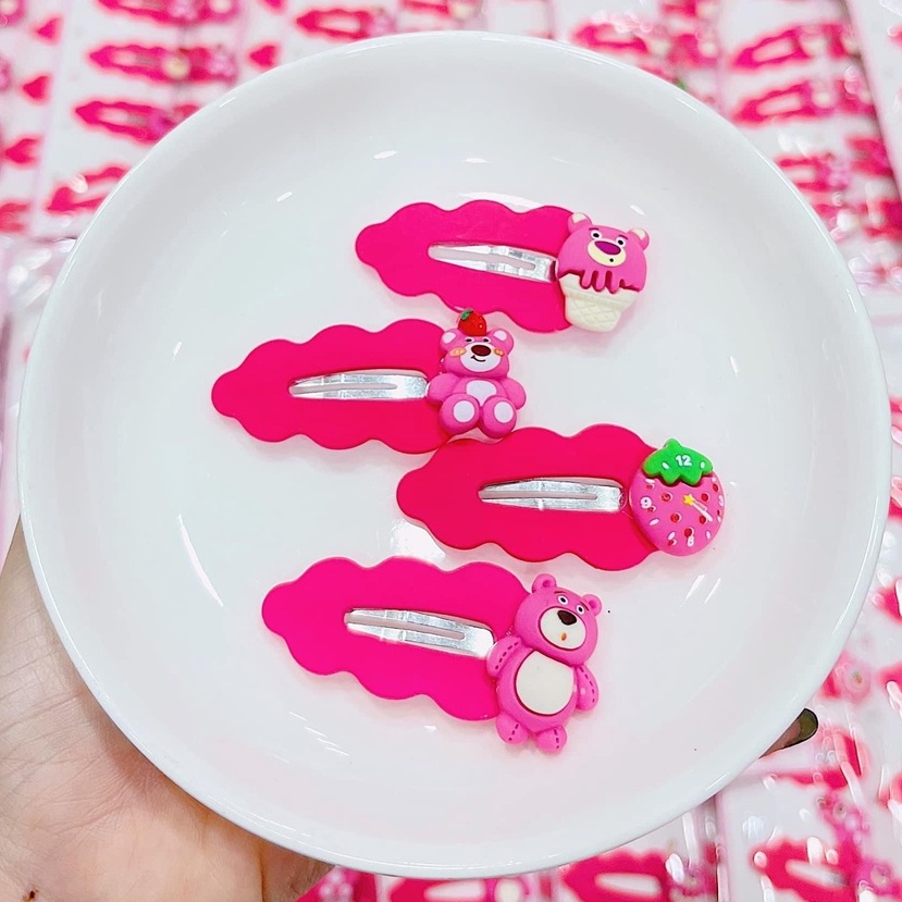 5 Bộ kẹp tóc màu sắc đơn giản tinh tế thời trang Hàn Quốc cho nữ- Kẹp tách gọn sóng gấu hồng Lotso