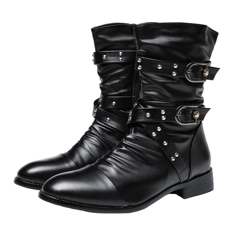 Giày Bốt Martin Da Cao Gót Mũi Nhọn Đính Đinh Tán Tăng Chiều Cao Thời Trang Thu Đông Cho Nam