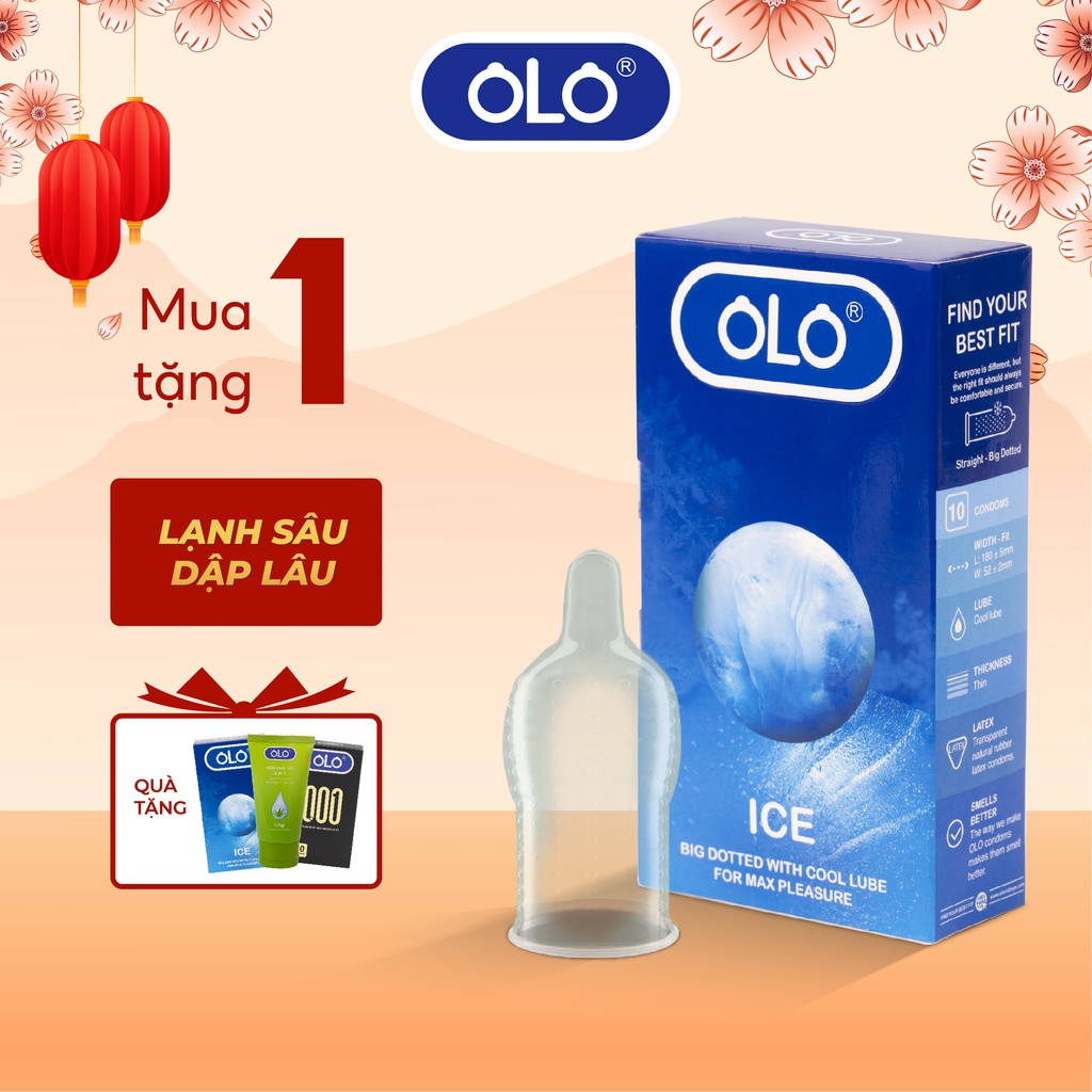 Bao cao su OLO Ice hộp 10 cái - size 52 mm, bạc hà mát lạnh, gai lớn, kéo dài thời gian tự nhiên, cao cấp