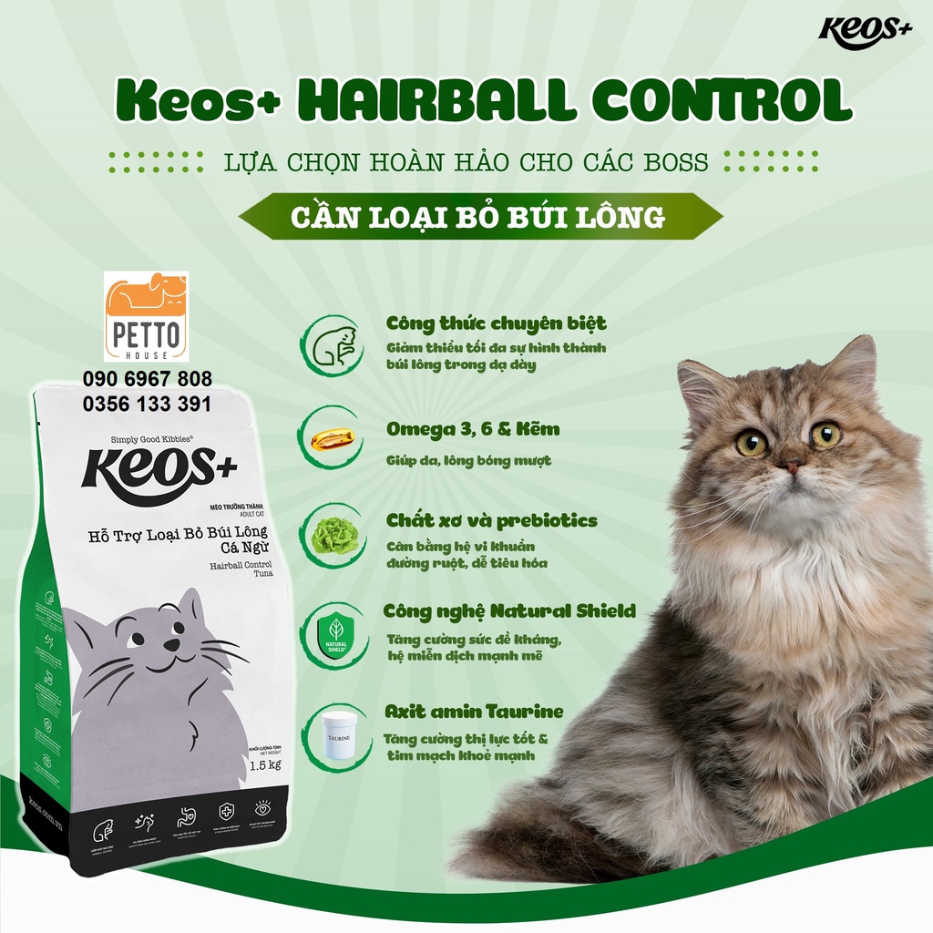Keos hairball control tuna 1,5kg thức ăn hạt khô cho mèo trưởng thành trên 12 tháng tuổi giúp tiêu búi lông vị cá ngừ
