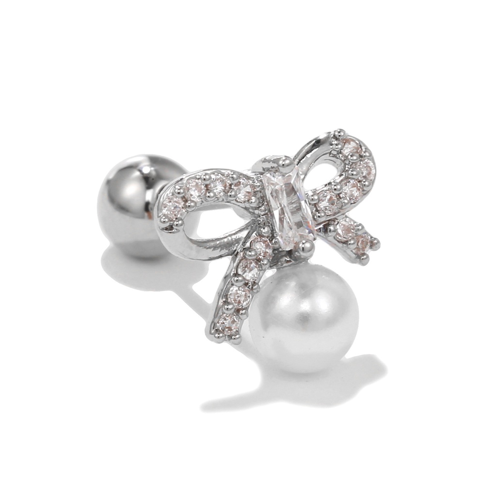 1 Bông Tai Bạc S925 Hình Nơ Đính Ngọc Trai Không Gây Dị Ứng