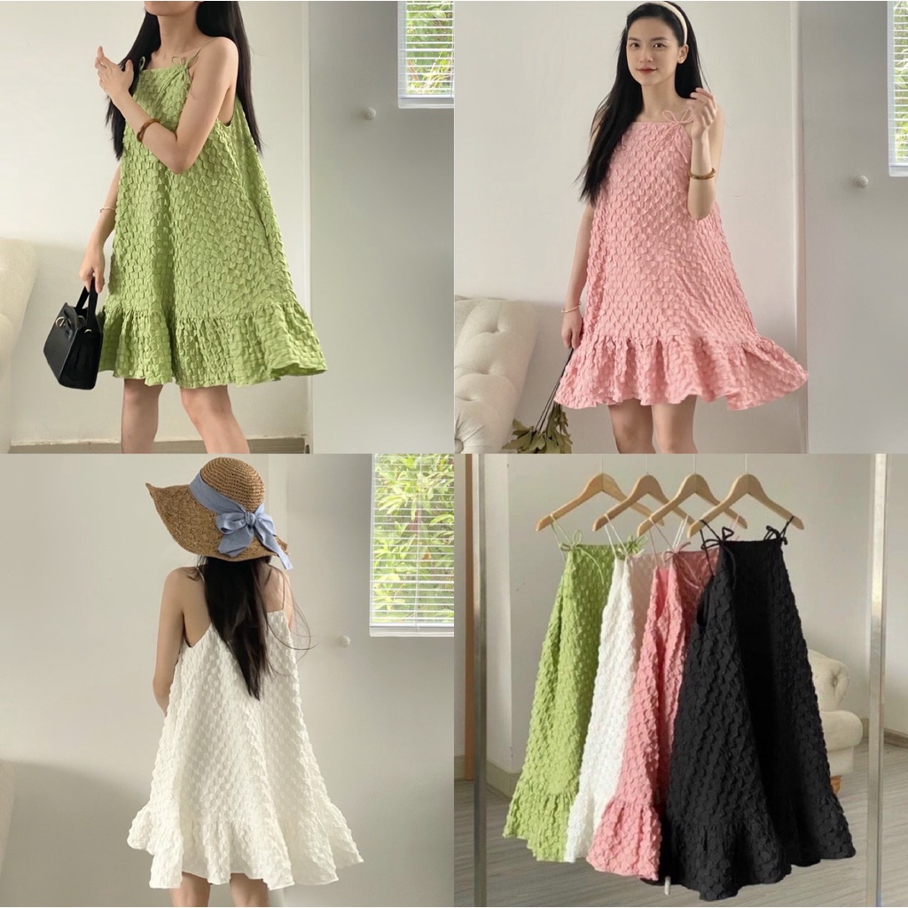 Váy hai dây babydoll đín nơ đuôi cá Ulzzang chất xốp siêu cao cấp
