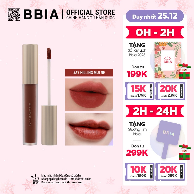 Son Kem Lì Bbia Last Velvet Lip Tint Asia Edition Version 2 - A7 Hilling Mui Ne 5g - Bbia Official Store