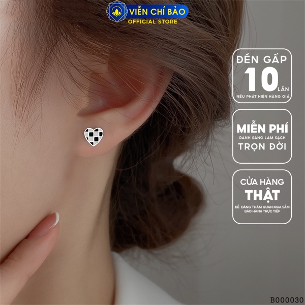 Bông tai họa tiết caro trái tim chất liệu bạc Thái 925 thời trang sức Viễn Chí Bảo B000030-T