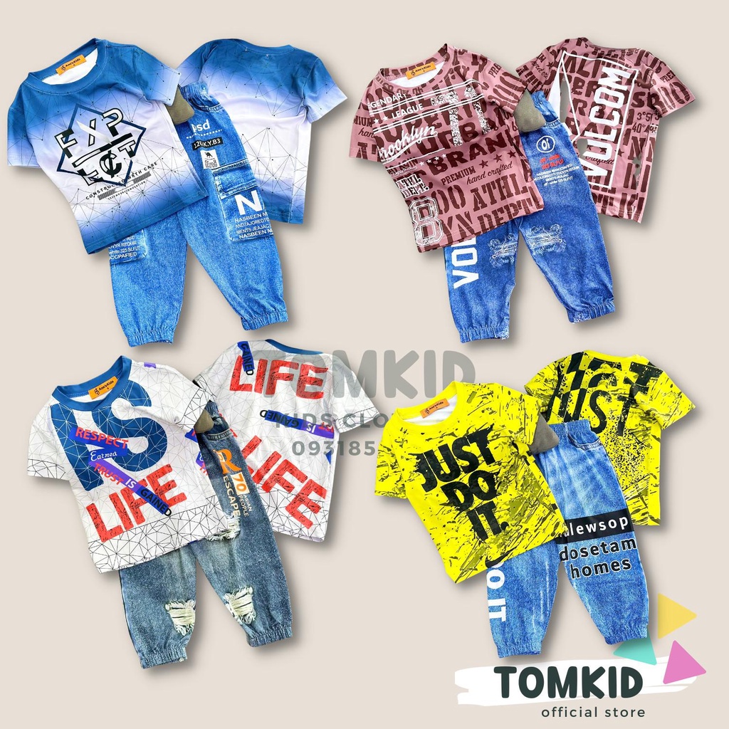 Đồ bộ bé trai, bộ tay ngắn quần dài chất thun lạnh giả jean quần thụng 10-40kg Tomkids