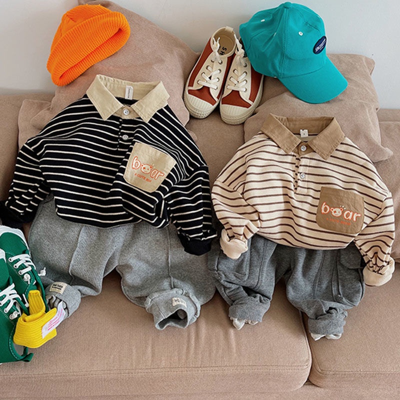 Áo polo Tay Dài Dáng Rộng Họa Tiết Kẻ Sọc Trắng Đen Phong Cách Hàn Quốc Thời Trang Cho Bé Trai 2021