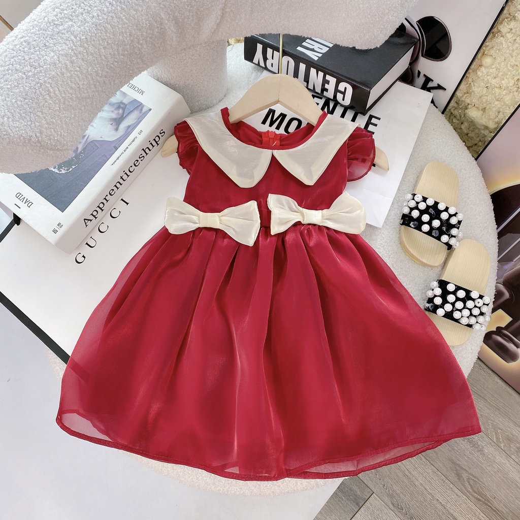 Váy Bé Gái, Đầm Tay Ngắn Đính Nơ Lụa Tơ Bóng Sang Chảnh Cho Bé Gái Từ 8 - 18kg