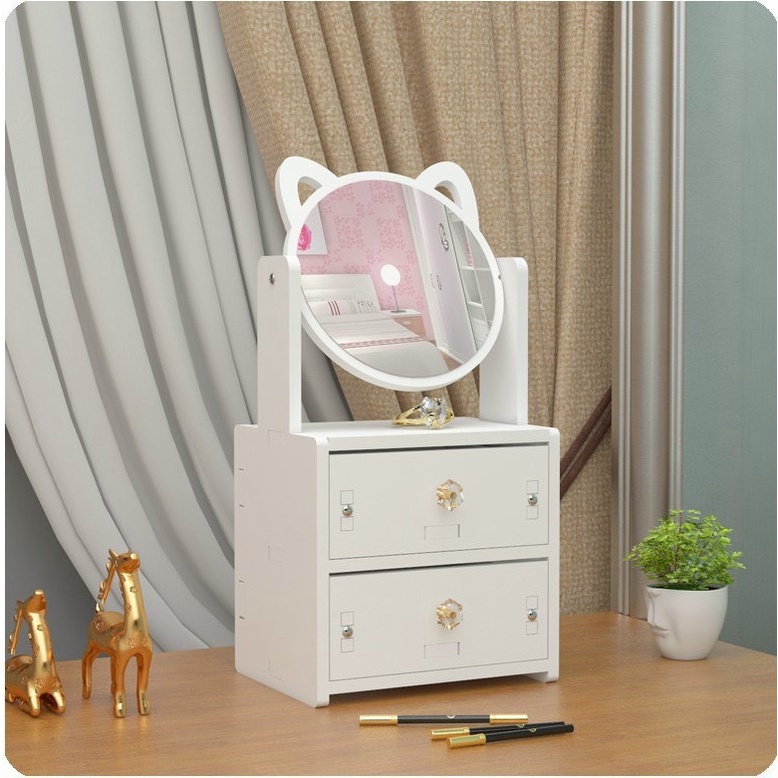 Kệ đựng mỹ phẩm, đồ trang điểm mini bằng gỗ 2 tầng kèm gương tai mèo xinh xắn