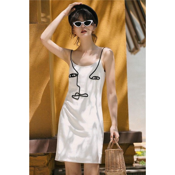 LINEN LOVERS Đầm 2 dây linen họa tiết trừu tượng cá tính - thời trang Linen