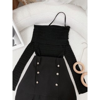 SET ÁO ĐEN CHÉO CHÂN VÁY NÚT ĐỒNG