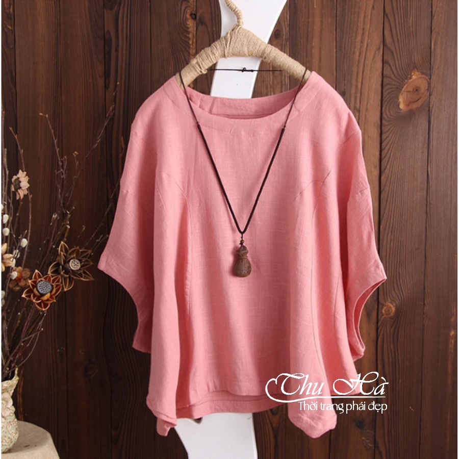 Áo cánh dơi nữ trung niên Thu Hà form rộng giấu bụng che khuyết điểm chất liệu đũi mềm nhẹ mát AKH.36