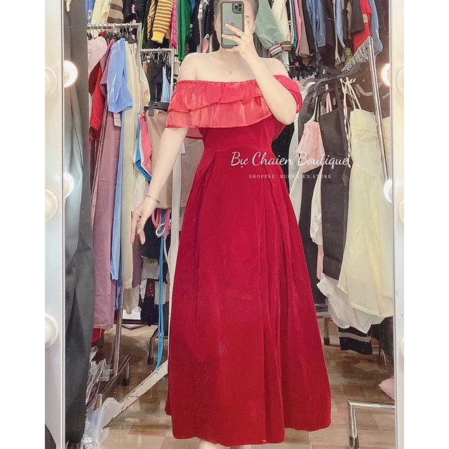 ĐẦM NHUNG MIDI TRỄ VAI 2M BIGSIZE