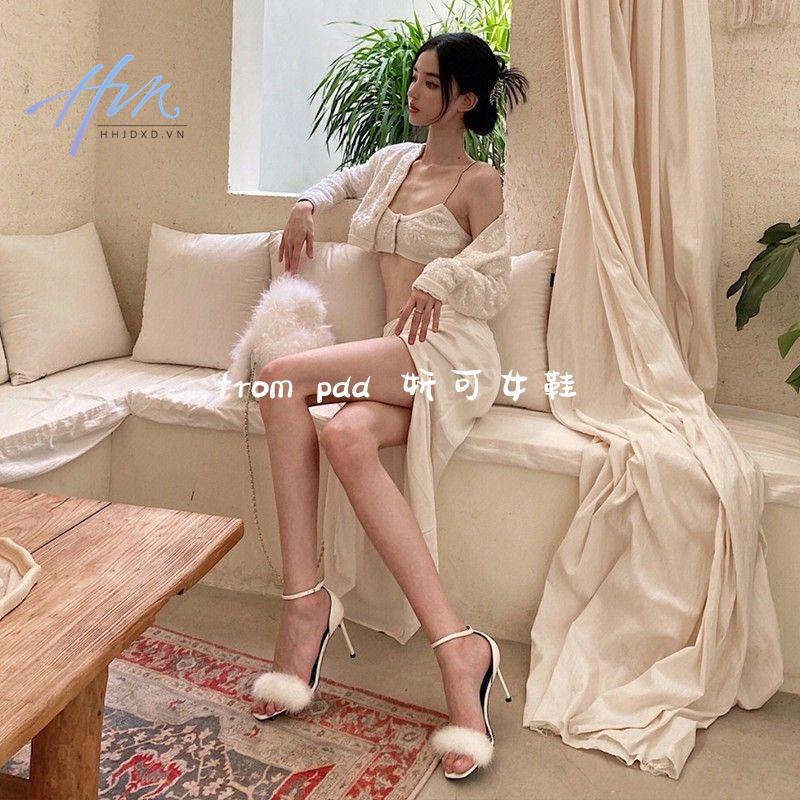 Sandal Cao Gót Một Đường Lông Chồn Cao Gót Mũi Vuông Màu Trắng Thời Trang Thu Đông Mới 2022 Dành Cho Bạn Nữ