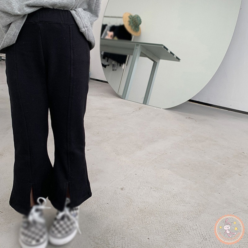 Quần Dài Ống Loe Lưng Thun Co Giãn In Họa Tiết Caro Màu Đen Phong Cách Hàn Quốc Cho Bé Gái