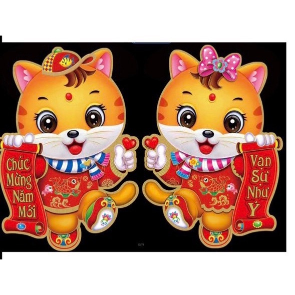 đôi decal dán cửa mèo trang trí tết