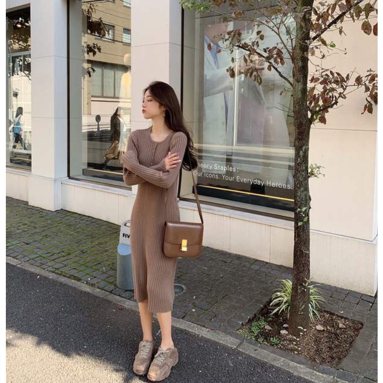 Đầm SUXI dệt kim tay dài cổ tròn ôm dáng vừa vặn phong cách vintage thời trang mùa thu thường ngày dành cho nữ
