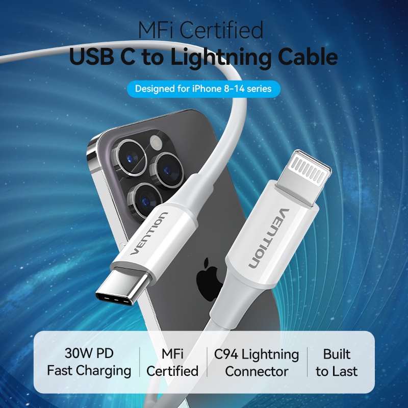 Cáp Sạc Nhanh Vention USB C Sang Lightning PD MFi Cho iPhone14 / 13 / 12 / 11 Macbook