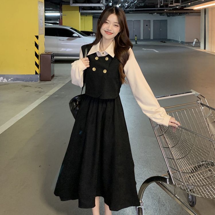 🎀váy babydoll dáng dài váy mùa đông cho nữ váy dài Đầm Dài Tay Giả Hai Lớp Phong Cách Hàn Quốc Thanh Lịch Dành Cho Nữ