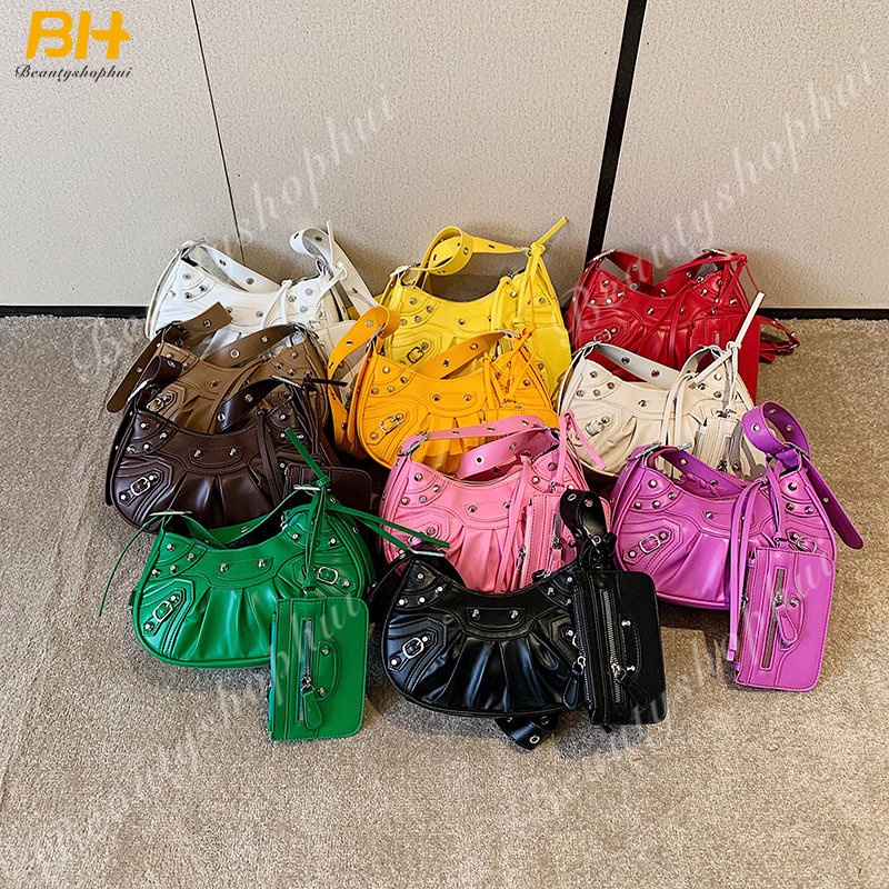 Túi Xách Kẹp Nách Đính Đinh Tán Màu Nâu / Trái Cây Thời Trang Hàn Quốc 2022 Cho Nữ