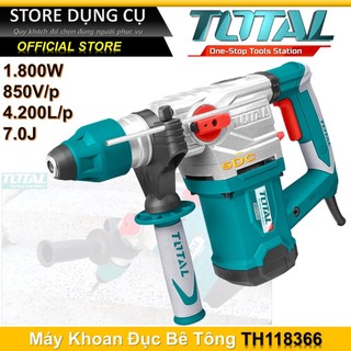 Máy khoan búa cầm tay total th118366 1800w tốc độ 850rpm, tốc độ đập 4200bpm, khả năng khoan 36 mm/đục 14mm