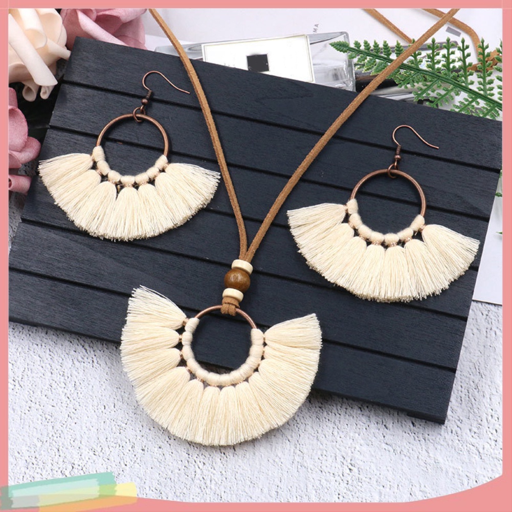 Bộ vòng cổ + Bông Tai Dạng Tua Rua Phong Cách Bohemian