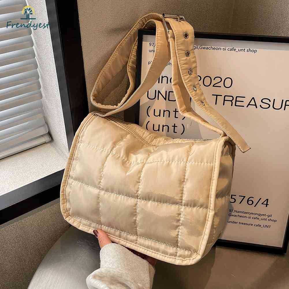Frendyest Túi Xách Đeo Vai Cotton Chần Bông Màu Trơn Hình Thoi Đơn Giản Mua Sắm
