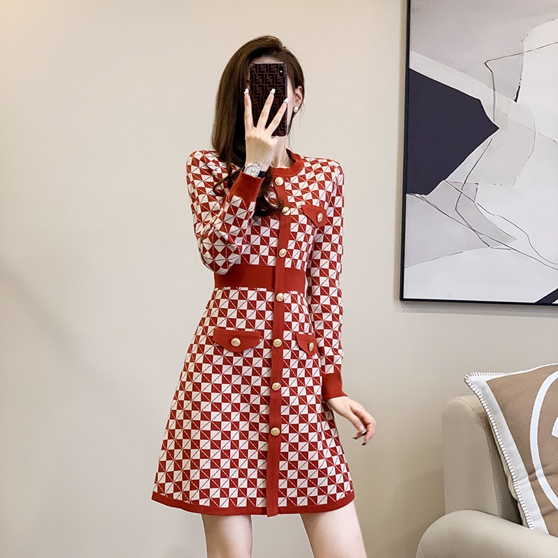 Xiaoxiang Đầm Dệt Kim Tay Dài Dáng Chữ A Ôm Eo Phong Cách Phương Tây Thời Trang Mùa Thu Dành Cho Nữ