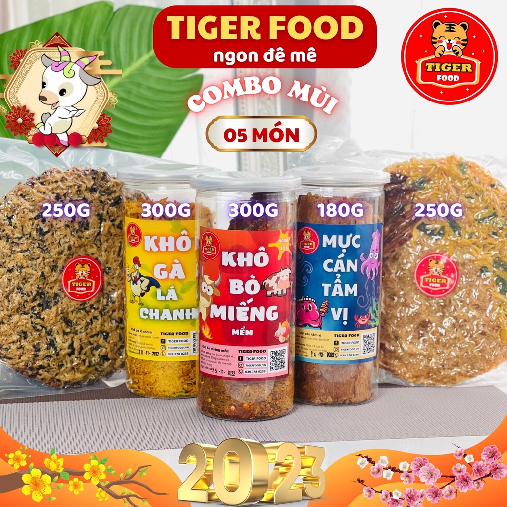 Combo đồ ăn vặt theo phong cách 12 con giáp TIGER FOOD Khô gà khô bò hạt dưa hạt điều cơm cháy bánh mứt cho Tết 2023