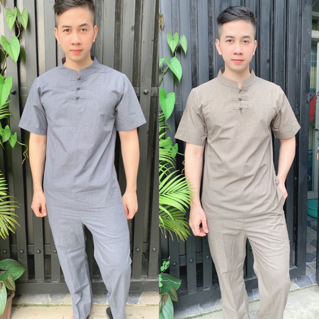 ĐỒ LAM ĐI CHÙA - MẪU 3 NÚT CỔ TRỤ TAY NGẮN DÀNH CHO NAM
