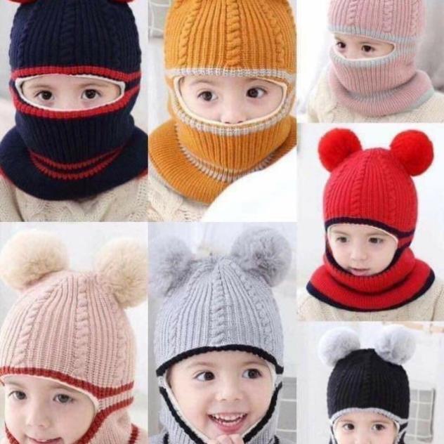 Mũ Len Trùm Mặt Có Lót Nỉ Cho Bé Siêu Ấm🍀FREESHIP🍀Mũ Len 2 Quả Bông Lót Nỉ Mềm Mịn Thời Trang ,