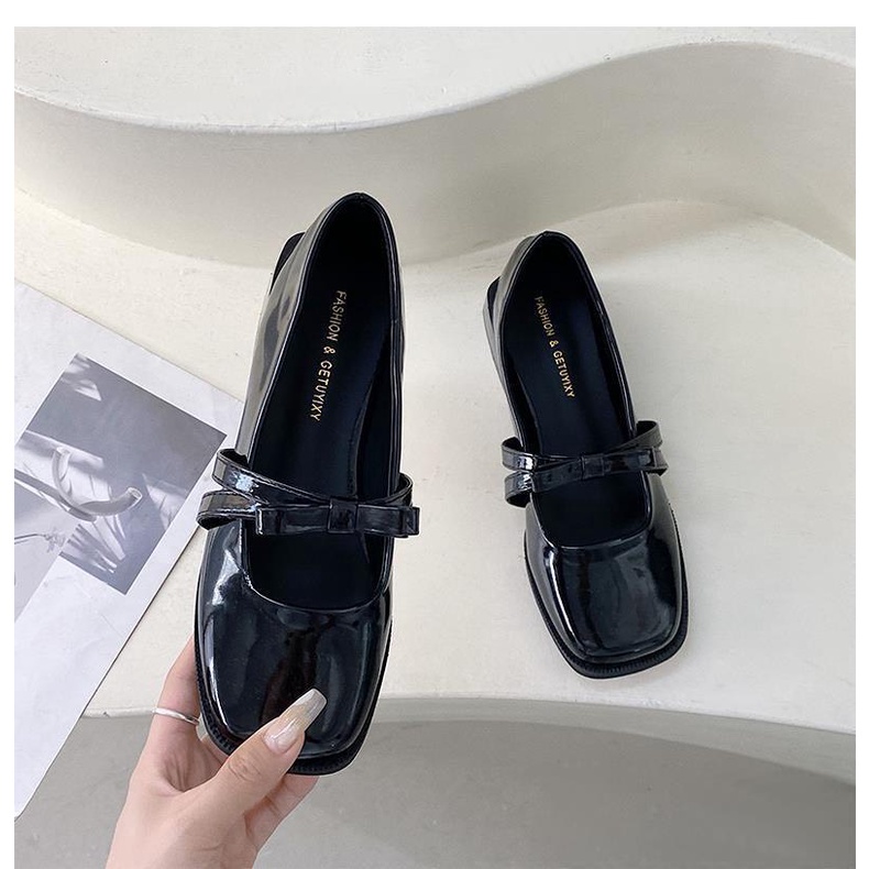 Giày Búp Bê Đế Đốc 2.5Cm Mũi Tròn Da Bóng Quai Nơ Ngang