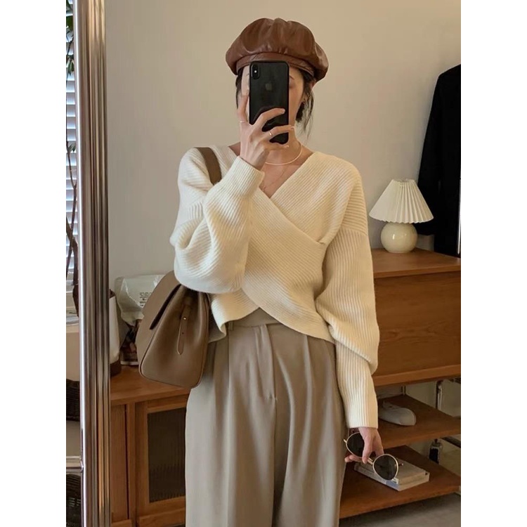 MS1004 Áo len kiểu nữ vạt chéo tay phồng Hàn Quốc