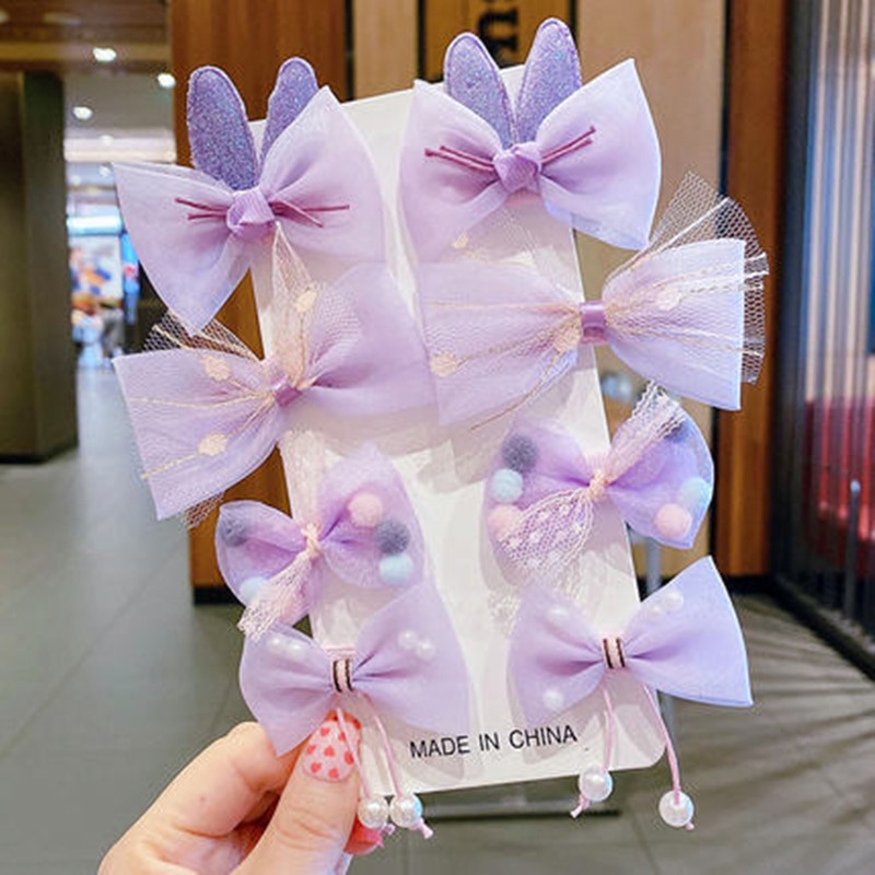 Set 8 Kẹp Tóc Nơ Ren Hoạt Hình Dễ Thương Cho Bé Gái