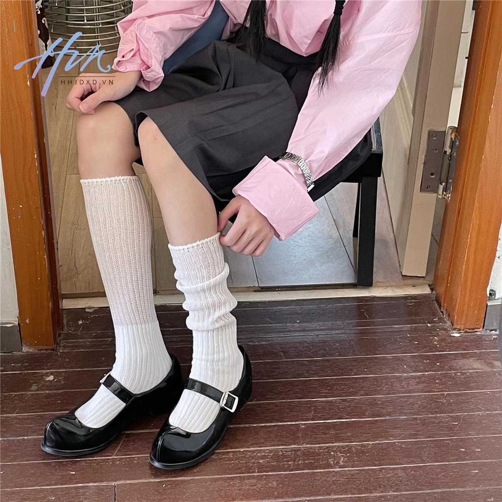 Ay Vớ Lưới Bắp Chân Dày Hai Ống Kim Kẻ Sọc Dọc Màu Trắng Thời Trang Thu Đông