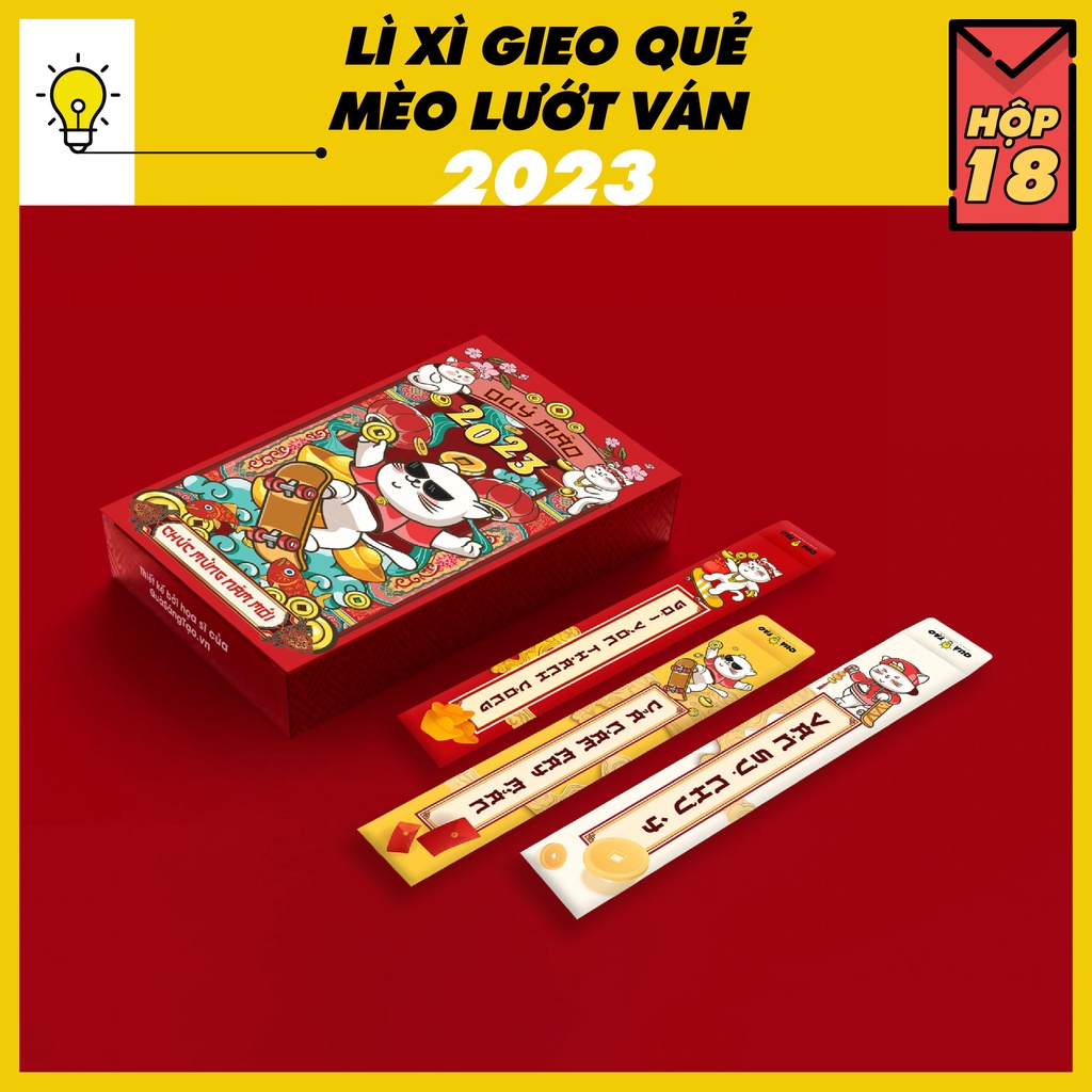 COMBO HỘP 18 Lì xì nhân phẩm Mèo thần tài gieo quẻ trượt ván GIẤY THƯỢNG HẠNG HOT TREND 2023 TẾT NGUYÊN ĐÁN QUÝ MÃO