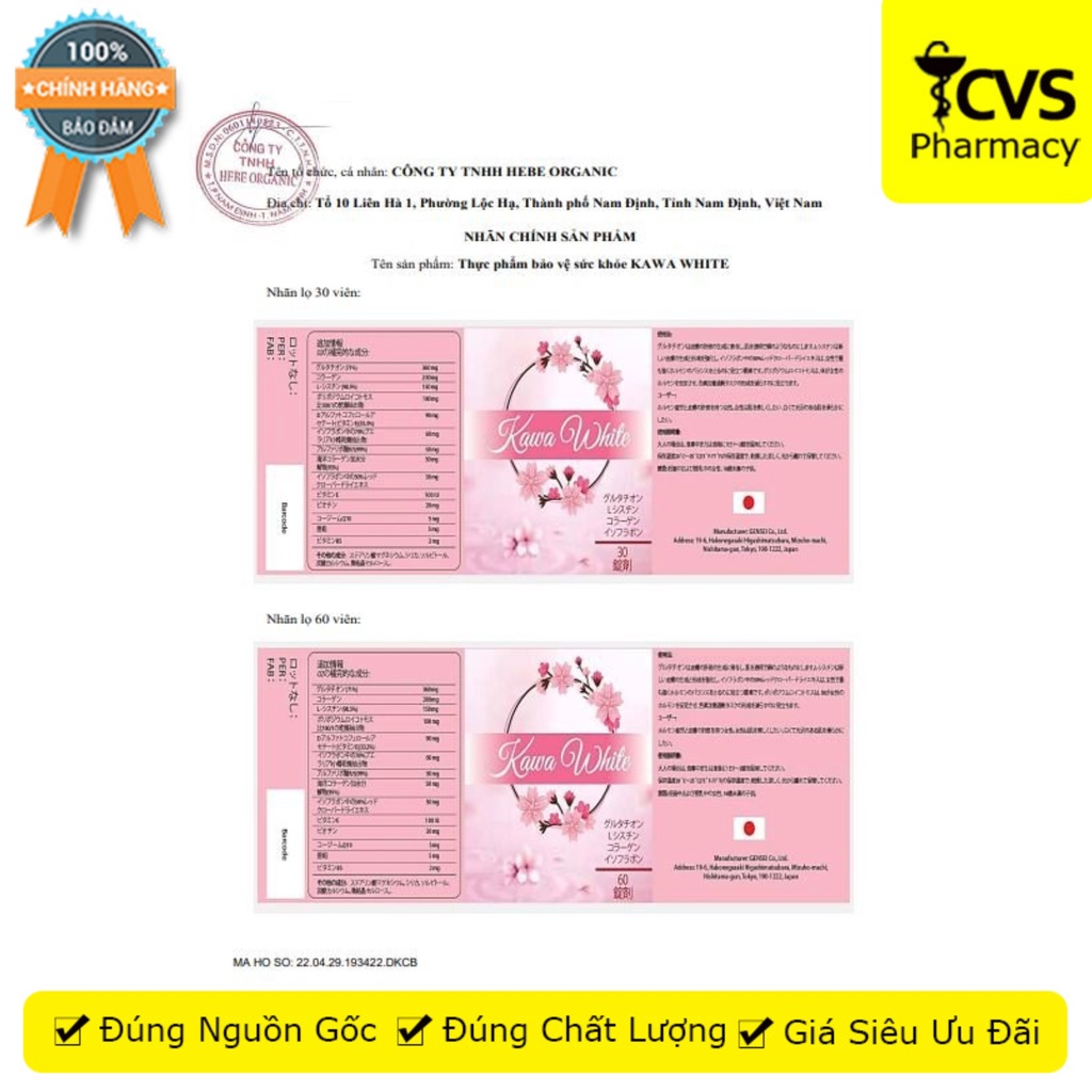 Kawa White hỗ trợ làm mịn da, giúp sáng đẹp da (Hộp 30 viên) - CVS Pharmacy