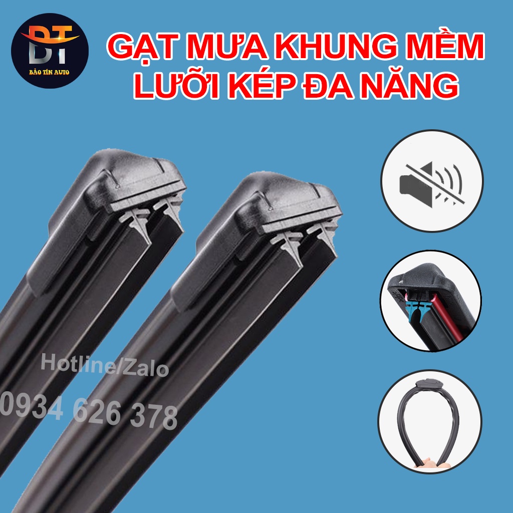 [LƯỠI KÉP] Bộ gạt mưa lưỡi kép cao cấp, thanh cần gạt nước mưa 2 lưỡi khung mềm đa năng, gạt kính ô tô xe hơi oto