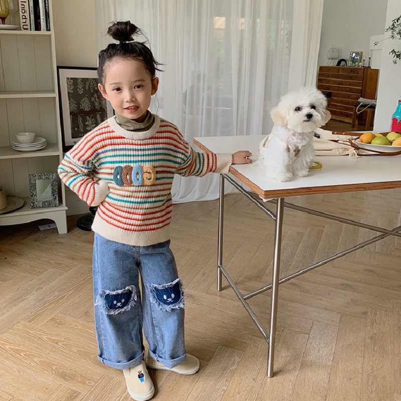 Quần Jean Ống Rộng Họa Tiết Mèo Hoạt Hình Phong Cách Hàn Quốc Cho Bé Gái 2-8 Tuổi