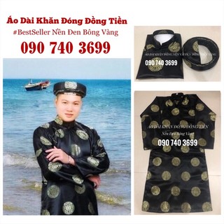 Cả Bộ Áo Dài Khăn Đóng Đồng Tiền Nền Đen Bông Vàng (Áo, Quần, Khăn Đóng có sẵn)